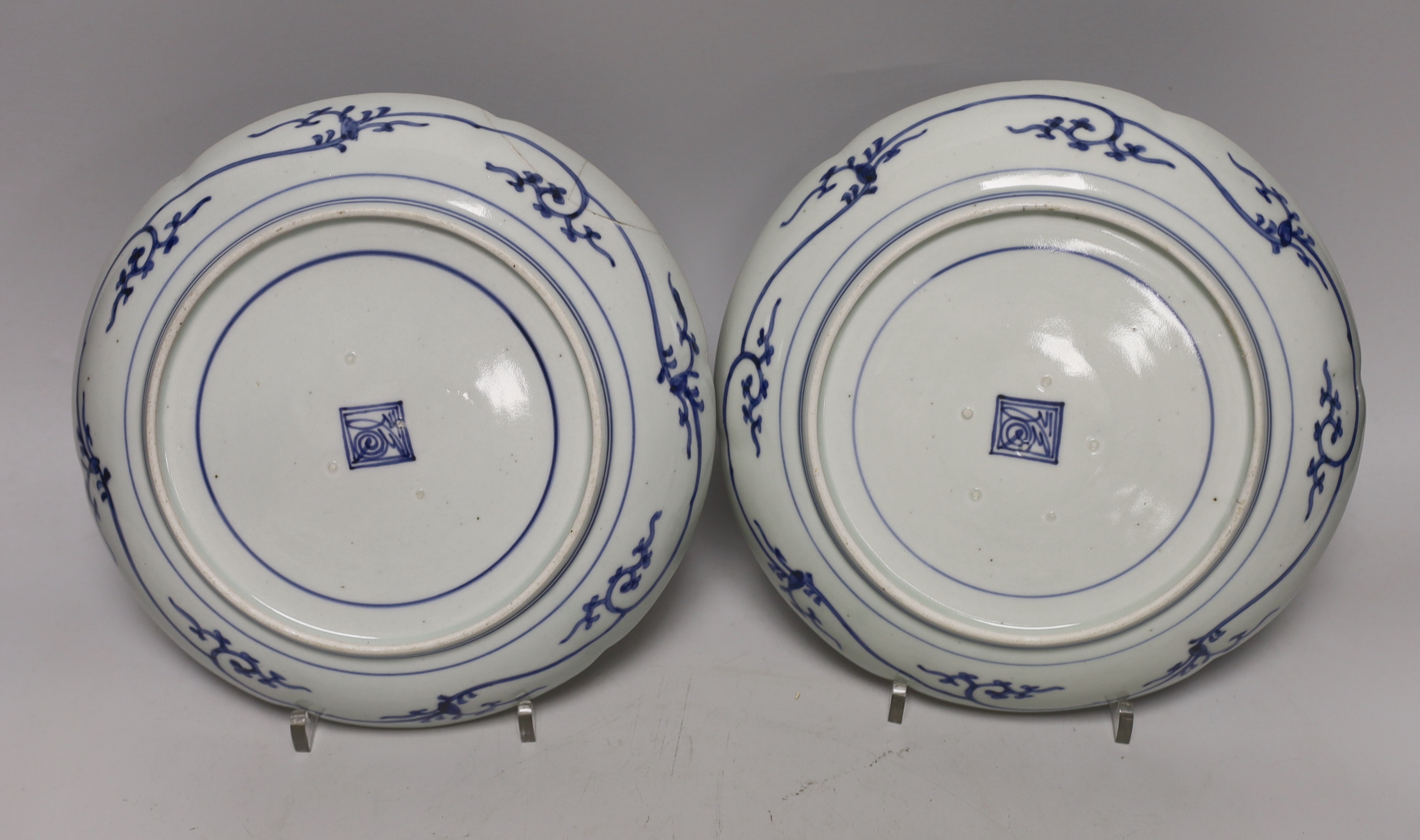 Three Japanese blue and white Arita dishes, largest 25cm